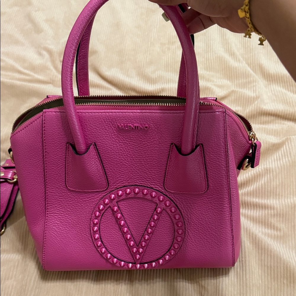 Authentic Valentino Fuchsia Leather Studded V Satchel